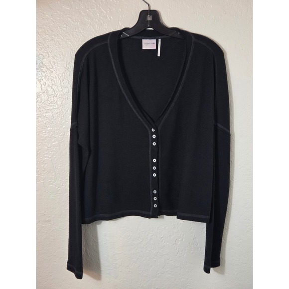 Out From Under Chloe Button Up Lounge Top Med Black Crop Henley Slub Whimsigoth - Picture 2 of 11